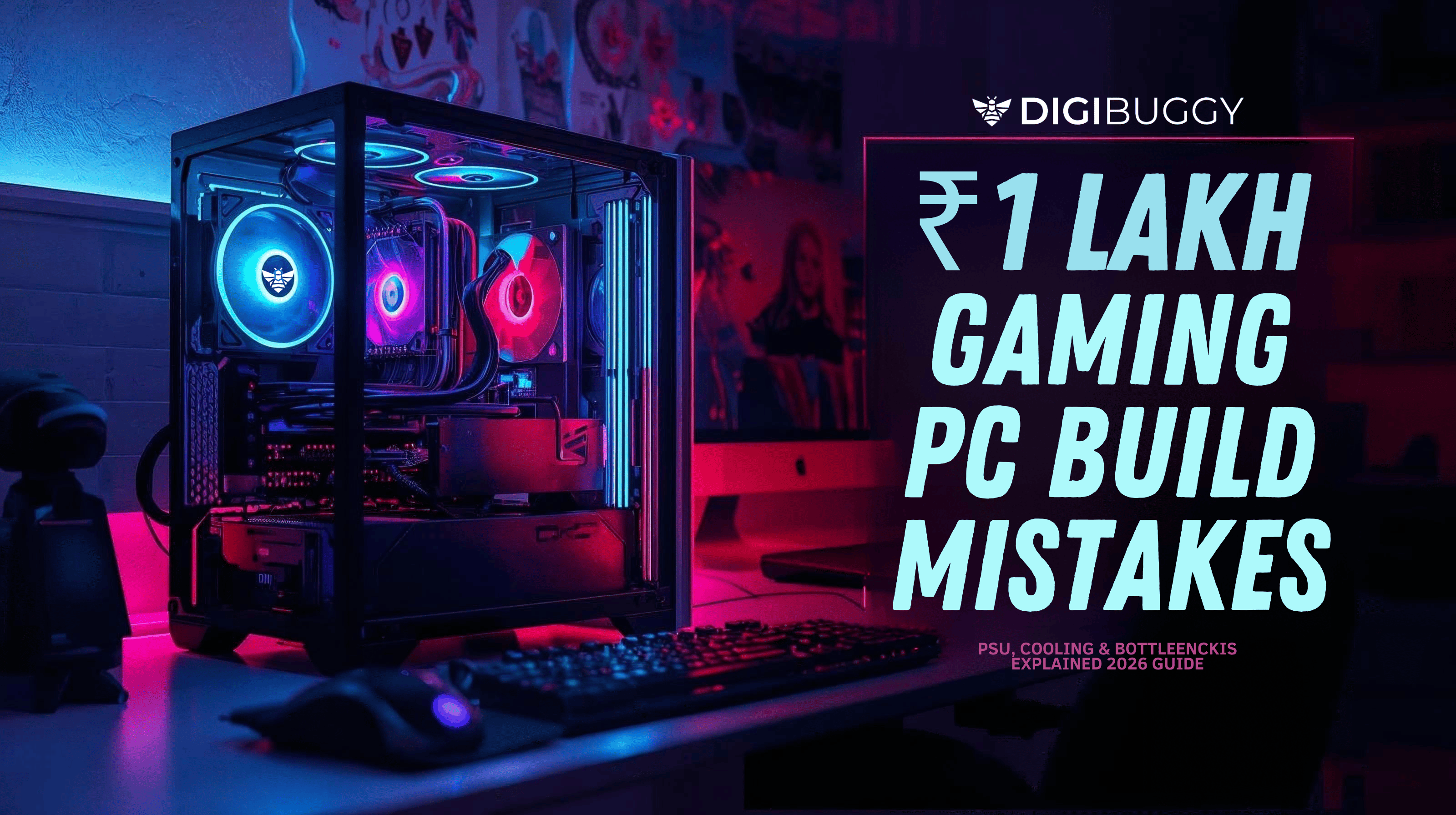₹1 lakh gaming PC build with RGB setup and PSU cooling guide banner.