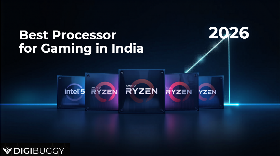 i5 vs Ryzen 5 vs i7 vs Ryzen 7 gaming processor comparison India 2026 with Intel and AMD CPU visuals.