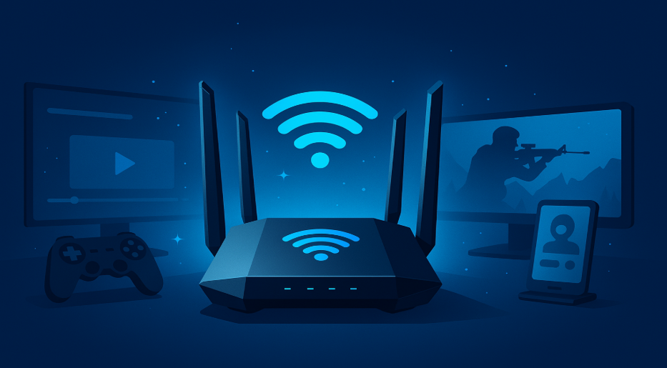 Wi‑Fi gaming router setup with streaming monitors