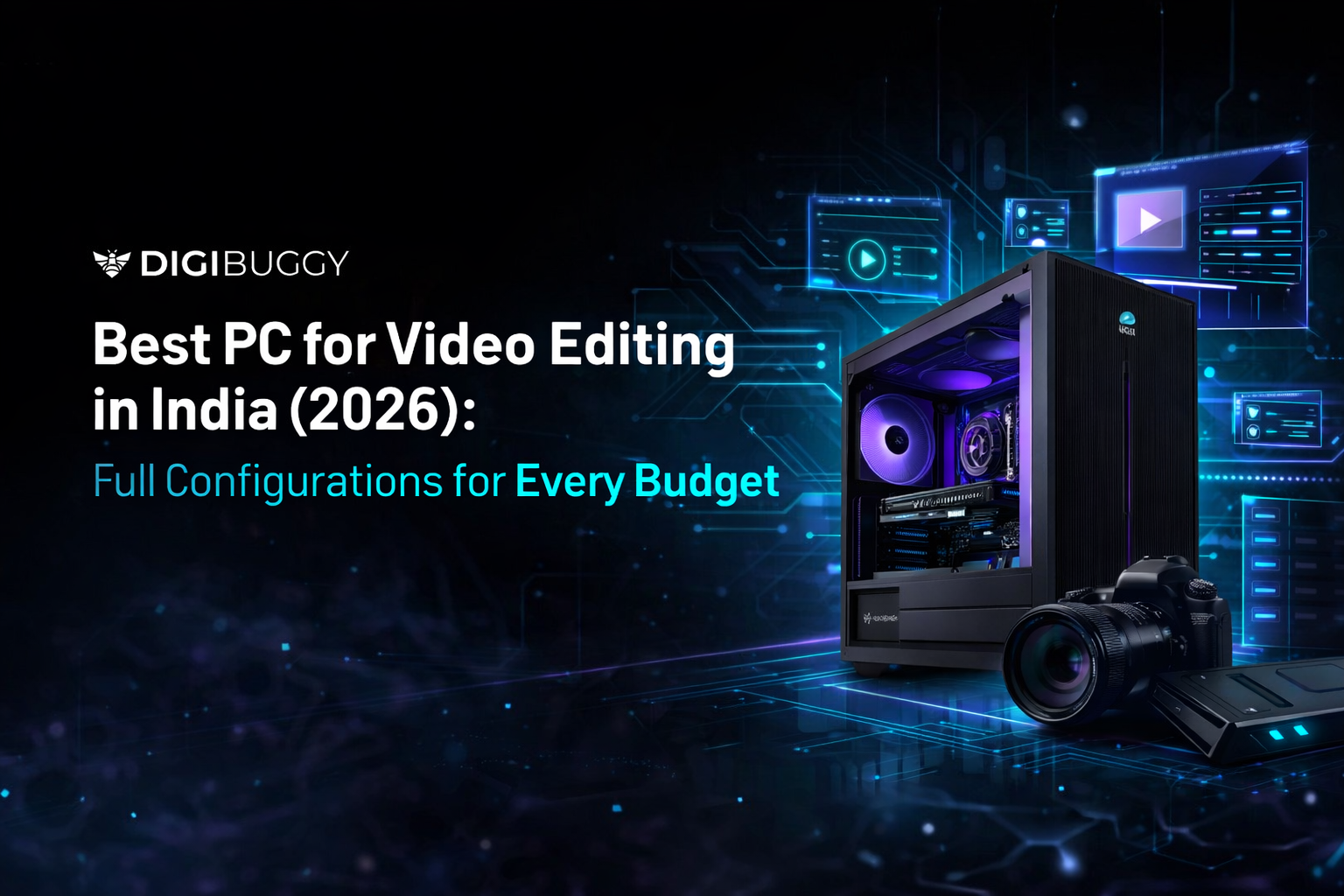 Video editing desktop PC setup with camera on a futuristic blue tech background