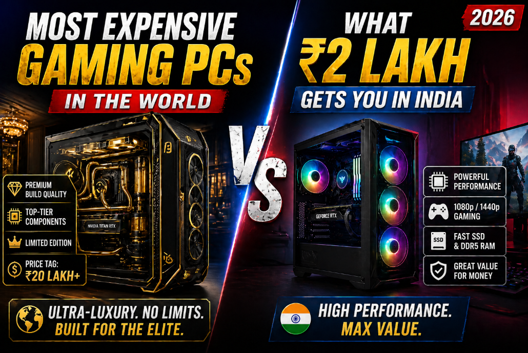 Most expensive gaming PC vs ₹2 lakh gaming PC India 2026 comparison with performance, components and value difference.