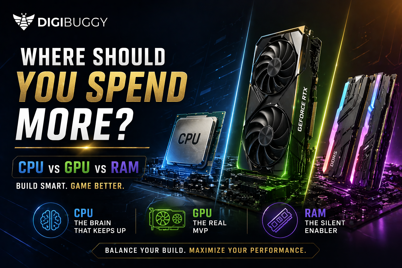 CPU vs GPU vs RAM gaming PC budget guide showing graphics card, processor, and RAM performance comparison for better FPS.