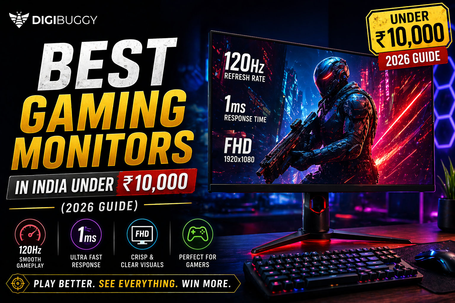 Gaming monitor under ₹10000 India 2026 with 120Hz refresh rate, 1ms response time and FHD display for smooth gameplay.